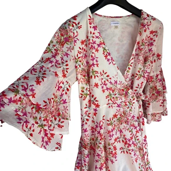 Calvin Klein Wrap Dress W 12 Floral Ruffle/Tear Sleeve Brunch Coquette Derby Tea - Picture 4 of 11